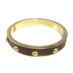 Brown Leather and Studded Gold Tone Metal Clamper Bracelet